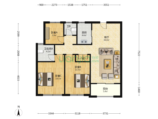 阜合金街 3室1厅2卫 117平方
