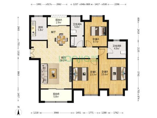 唐家苑(叶城东路) 3室1厅2卫 132平方