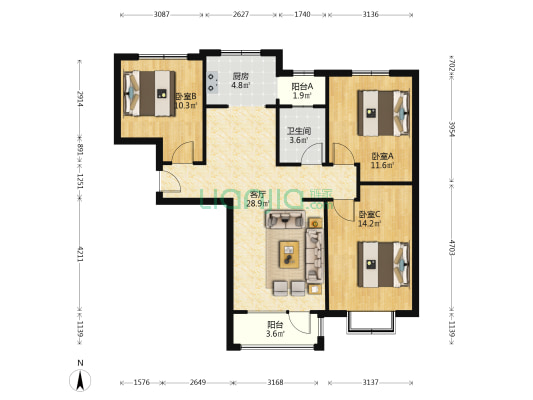 南北通透大三居，采光好，视野好，小区环境好-户型图