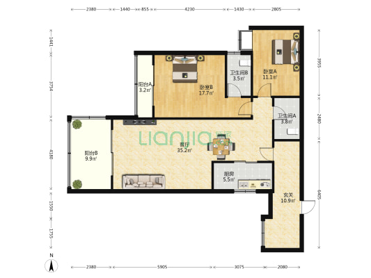 蓝海雅居 2室1厅2卫 116平方