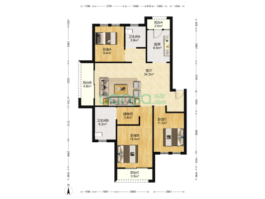钱江美域 3室1厅2卫 124平方