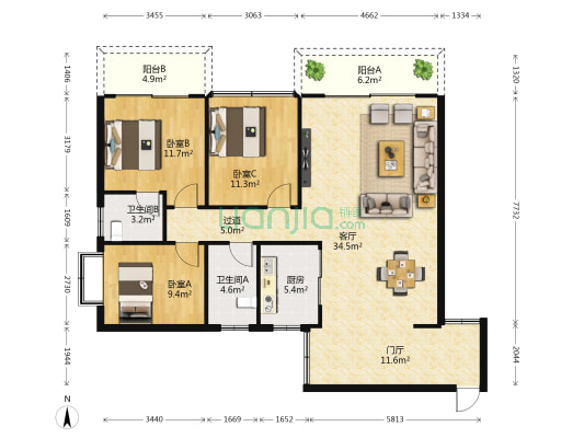 达嘉豪苑 3室1厅2卫 118平方