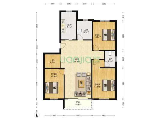 海月花园 3室1厅2卫 135平方