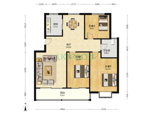 金宇景苑 3室1厅1卫 113平方