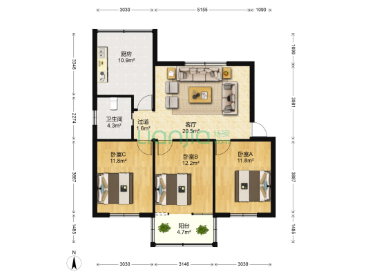 同乐公寓 3室1厅1卫 92平方