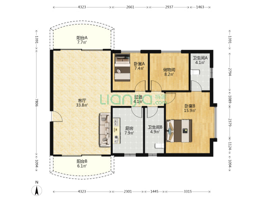 顺德丽景花园 2室1厅2卫 103平方