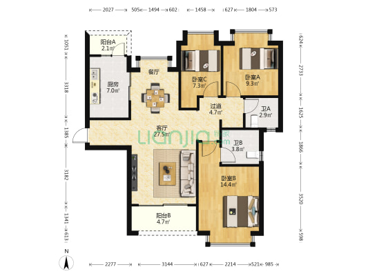 恒大悦珑台 3室1厅2卫 115平方