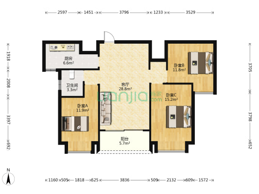 徽创江南郡 3室1厅1卫 125平方