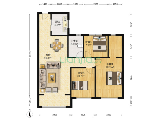 海德郡三号院南苑 3室1厅1卫 110平方