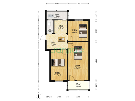 菜场街14号 3室1厅1卫 67平方