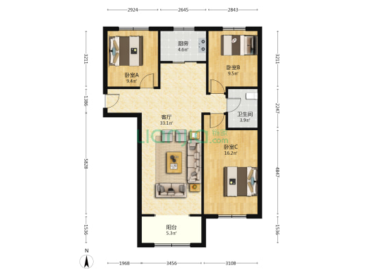 南北通透三居，自住精装修.业主诚意出售-户型图