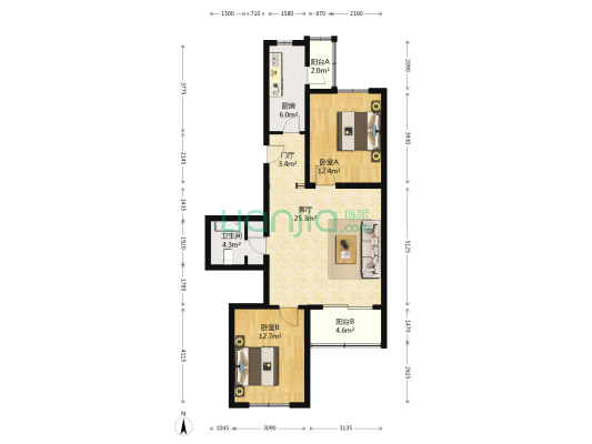 北潞芳家园 2室1厅1卫 90平方