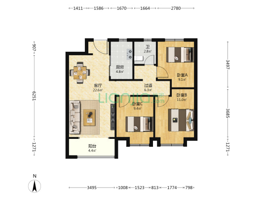 地铁万科蓝湾 3室1厅1卫 105平方