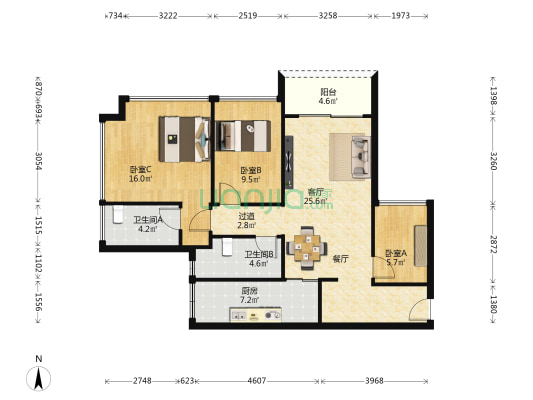 新锦安海纳公馆 3室1厅2卫 89平方
