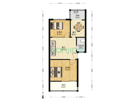 岗杜北街16号院 2室2厅1卫 69平方
