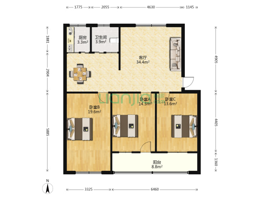 蓝天集团家属院（雪松大道） 3室1厅1卫 115平方
