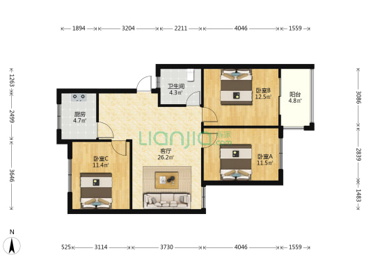 月兔公寓 3室1厅1卫 89平方