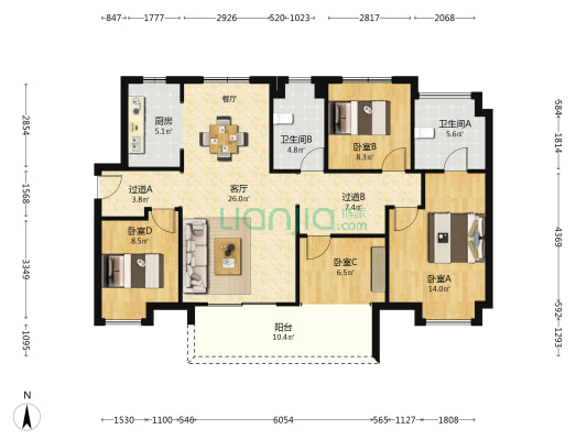 麓谷城市公园 4室1厅2卫 126平方
