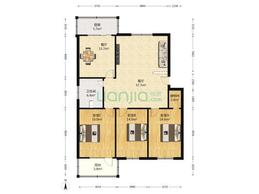 沙口路115-1号院 3室2厅1卫 136平方