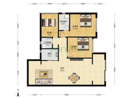 云星钱隆公馆 3室1厅2卫 90平方