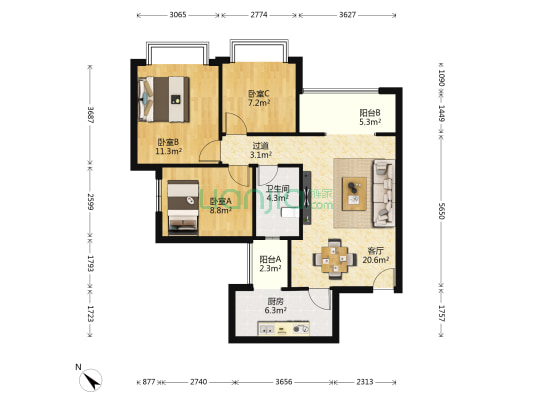 恒大未来城一期 3室1厅1卫 91平方