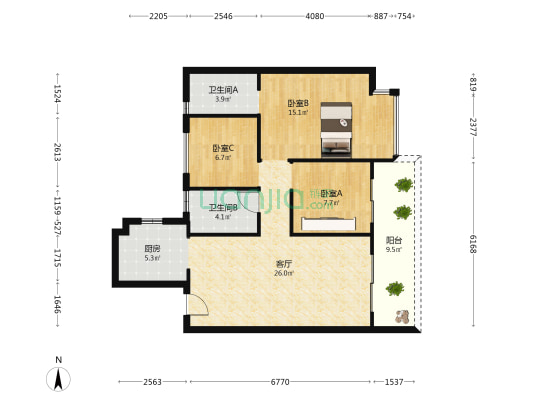 红星天悦 3室1厅2卫 92平方