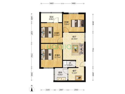 春晖园 3室2厅1卫 83平方