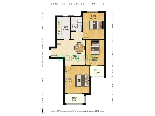 绿地新江桥城三期 3室1厅1卫 77平方