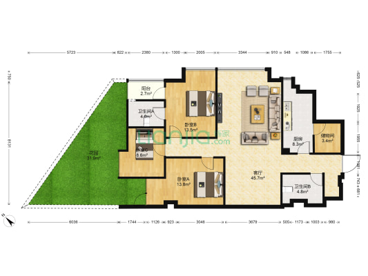 棕南苑 3室1厅2卫 131平方