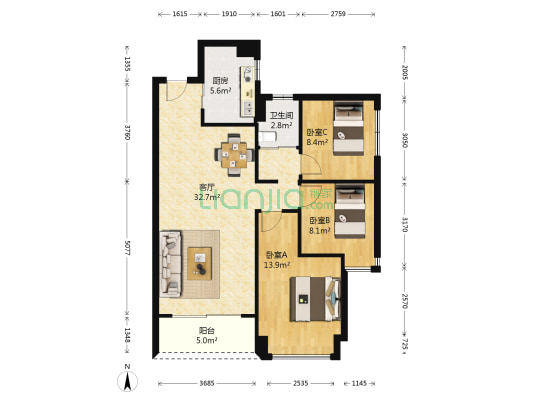 碧桂园龙熹山 3室1厅1卫 95平方
