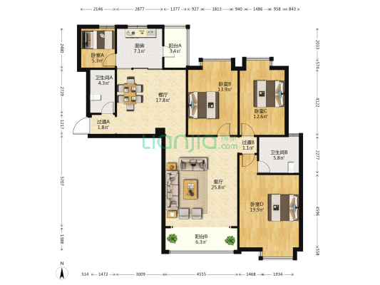怡康花园 4室2厅2卫 148平方