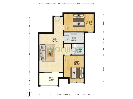 万达揽湖苑D区 2室1厅1卫 76平方
