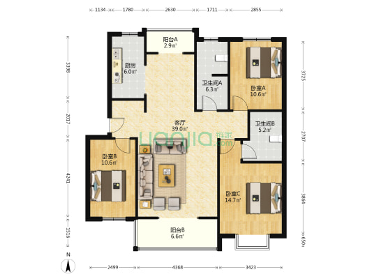 军欣家园，南北通透三居，低价出售-户型图