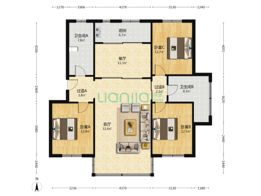 众力竹林花园 3室2厅2卫 141平方