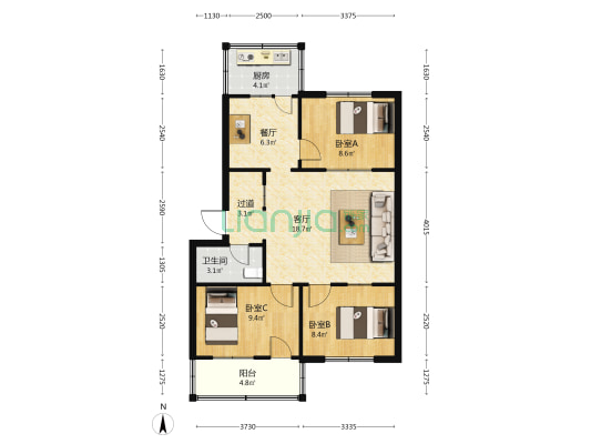 种子公司宿舍 3室2厅1卫 81平方