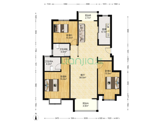 山语城三区 3室1厅2卫 124平方