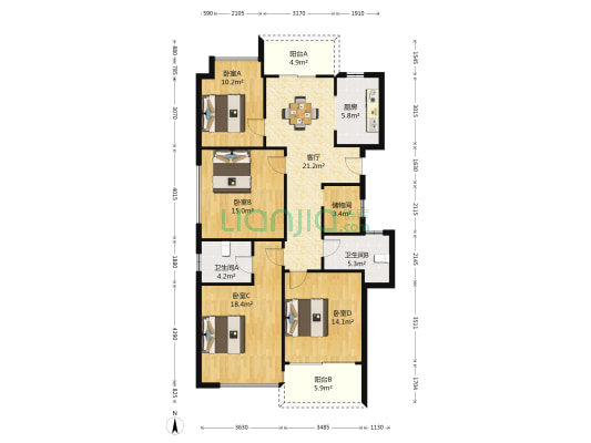 滨江紫金府 4室1厅2卫 134平方