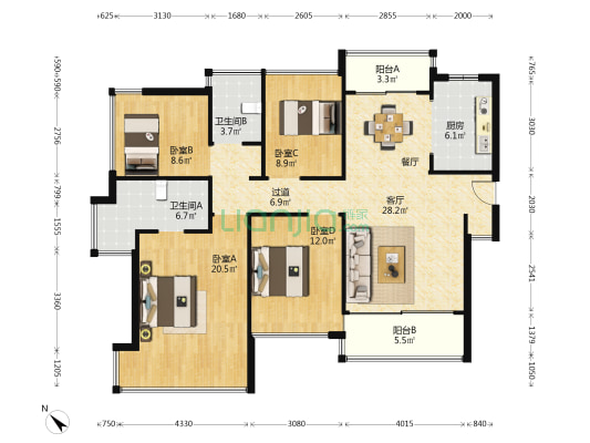 华发中央公园 4室1厅2卫 128平方