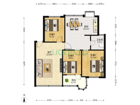 玫瑰苑 3室1厅1卫 97平方