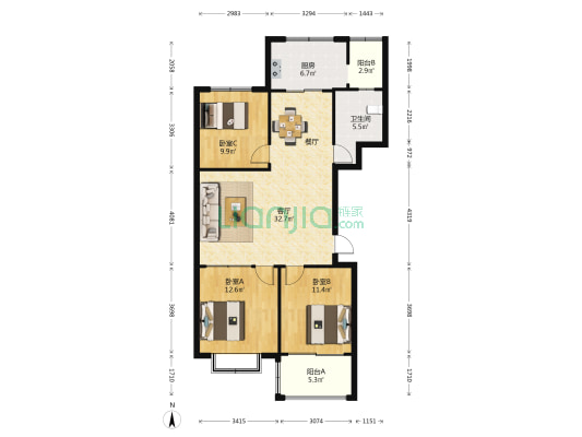 鸿豪花园 3室1厅1卫 122平方
