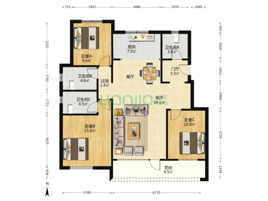 保利天汇公园壹号 3室1厅3卫 124平方