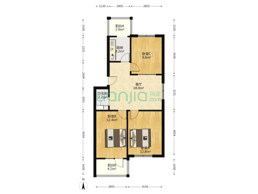 蓝天小区，南北通透三居室，中间层，总价低-户型图