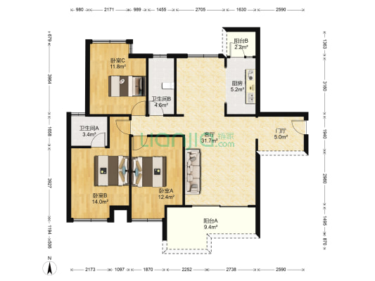 和润嘉园 3室1厅2卫 120平方