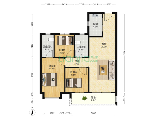 江印 3室1厅2卫 115平方