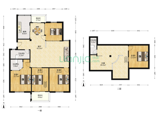 百花新苑一区 5室1厅3卫 135平方