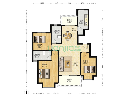 恒大林语郡 3室2厅2卫 118平方