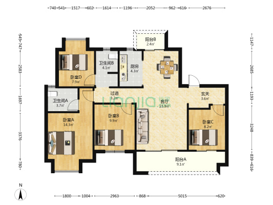 中熙·东投熙江悦 4室1厅2卫 124平方