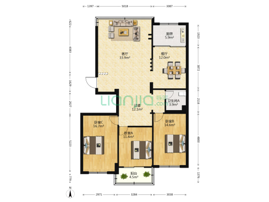 安居小区 3室2厅1卫 140平方