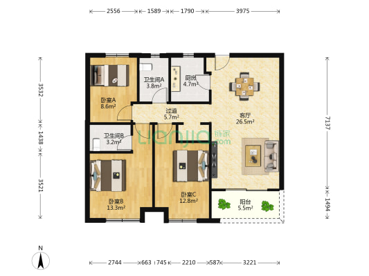 通源新建城B2 3室1厅2卫 107平方