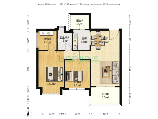 恒大绿洲二期 2室2厅1卫 92平方
